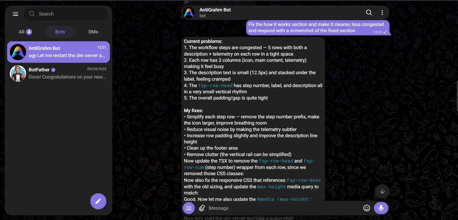 Antighram bot running a coding session inside Telegram