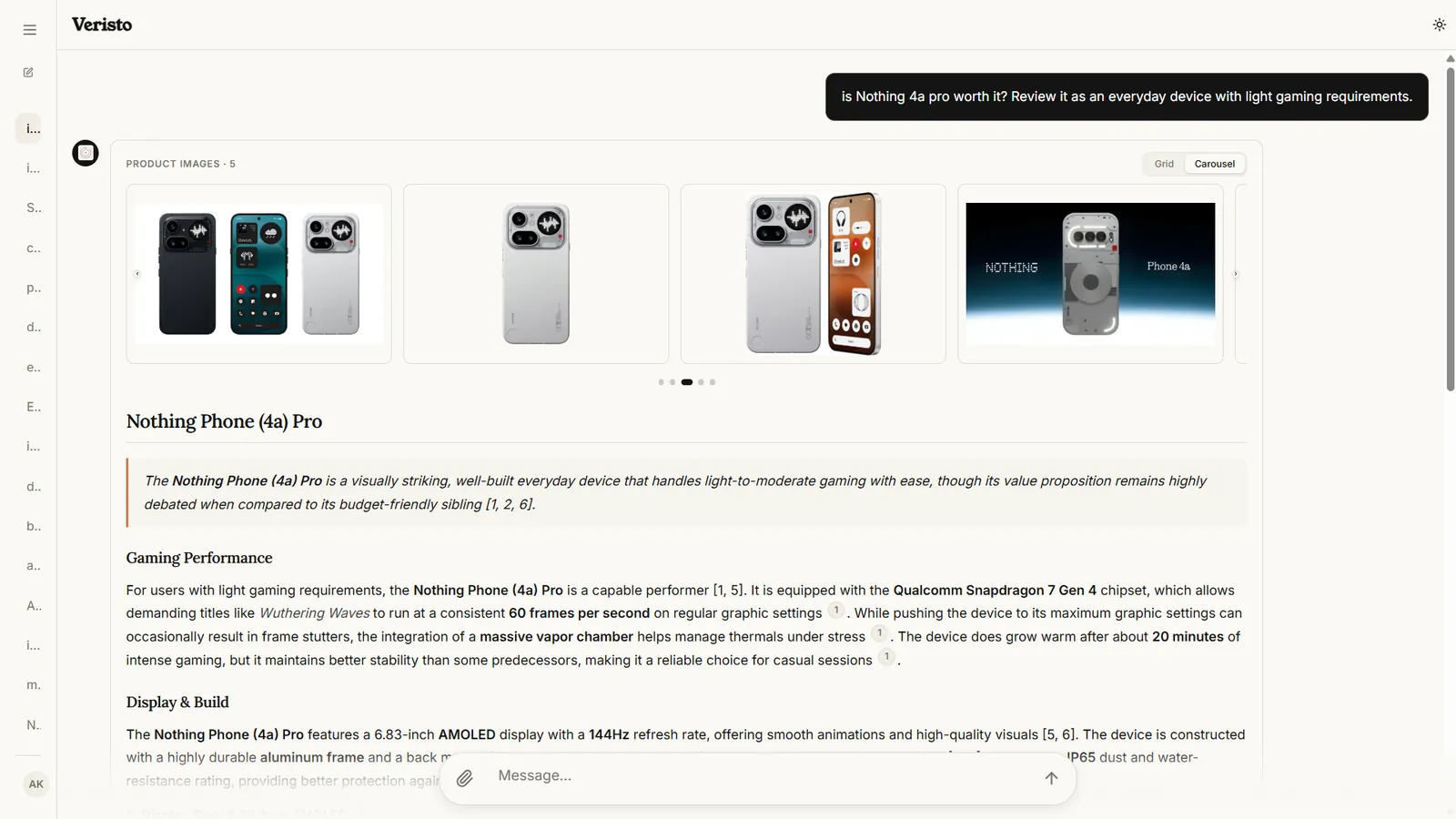 Veristo research report with product images and cited claims