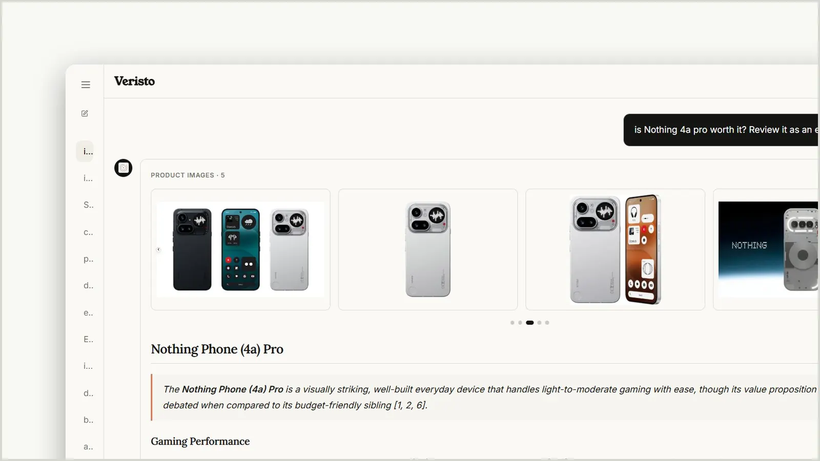 Veristo: Cited product research from Reddit, YouTube, specs and live prices.